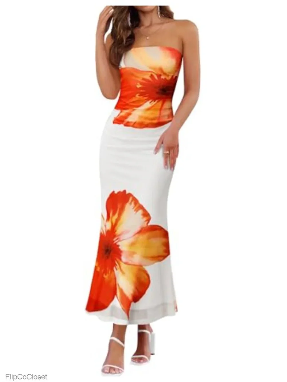 Womens Strapless Floral Maxi Sundress Pleated Bodycon Summer Cocktail